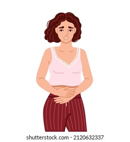 Woman, Suffering From Acute Abdominal Pain, Diarrhea, Bloating, Holds Her Stomach. Painful Menstruation. Hand Drawn Character. Vector Flat Illustration.