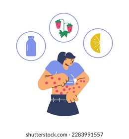 Woman suffering from allergies to citrus, strawberries and milk - flat vector illustration isolated on white background. Person has itchy, red and swollen skin. Allergy symptoms.