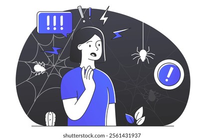 A woman suffering from arachnophobia. Mental issues and psychological problems. Nervous and panic attack. Flat cartoon vector illustration