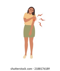 Woman suffering from arm pain. Health Problem, Disease Symptoms and Unhealthy Body Sickness. Medicine concept. Cartoon flat vector Illustration