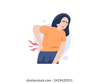 A woman suffering from back pain. experiencing cramps, muscle pain, rheumatism. health problems and diseases. the character of people. Cartoon or flat style illustration design. graphic elements