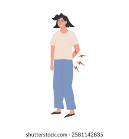 Woman suffering from back pain, holding her lower back with a pained expression. Red lightning symbols of discomfort. Medical concept. Spine issues, posture problems. Flat Vector Illustration.