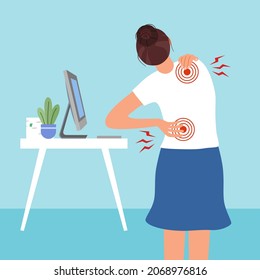 Woman suffering from back pain and shoulder pain in flat design. Office syndrome concept vector illustration.