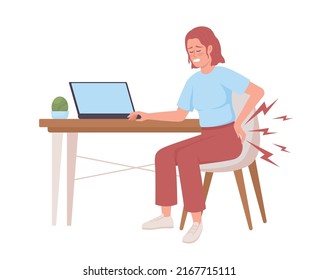 Woman suffering from backache after sitting all day semi flat color vector character. Editable figure. Full body person on white. Simple cartoon style illustration for web graphic design and animation