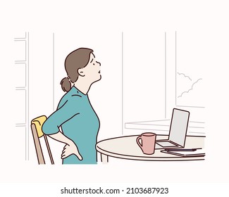 woman suffering from backache while working. Hand drawn style vector design illustrations.