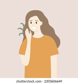 Woman Suffering With Bad Breath Problem. Girl With Smelly Mouth. Health, Halitosis, Lifestyle Concept. 
Flat Cartoon Character Vector Design Illustrations.