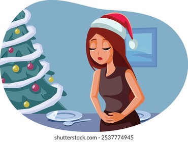 
Woman Suffering from Belly Ache After Christmas Dinner Vector Cartoon Illustration. Girl feeling sick after overeating during the holidays suffering indigestion
