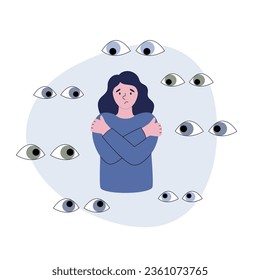 Woman suffering by paranoia. Person surrounded by eyes feeling overwhelmed and helpless. Vector illustration of mental disorder.