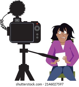 Woman suffering from camera anxiety attempting to make a video presentation with DSLR photo camera, EPS 8 vector illustration