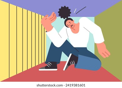Woman suffering from claustrophobia sits in cramped box and feels pressure from walls, causing panic. Concept of importance of dealing with claustrophobia and avoiding getting into tight spaces