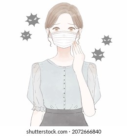 Woman suffering from cold, corona and influenza. On white background.