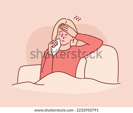  woman suffering from cold at his home. Hand drawn style vector design illustrations.