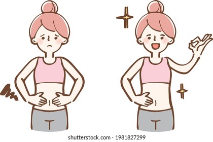 Woman Suffering From Constipation, Belly Improvement Illustration Set