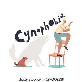 Woman Suffering From Cynophobia, Fear Of Dogs. Scared Cartoon Female Afraid Of Small Dog Puppy. Human Phobias Concept. Flat Vector Illustration