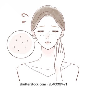 A woman suffering from darkening pores. On a white background.