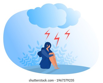 Woman suffering from depression. Anxiety, emotional disorder concept Flat vector illustrator