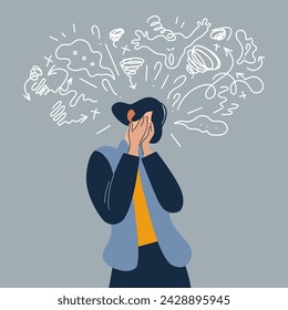 A woman suffering from depression covers her face with her palms in despair, the girl tries to solve complex problems. Mental disorder, search for answers, confusion concept. Vector illustration