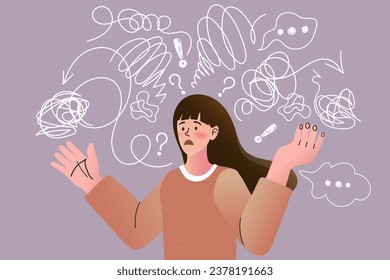 Woman suffering from depression. Frustrated woman with nervous problem feel anxiety and confusion of thoughts. girl trying to solve complex problems. Mental disorder. vector flat illustration.
