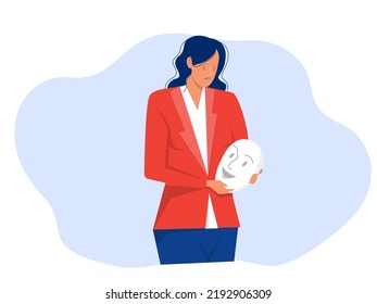 las mujeres que sufren depresión o problemas mentales; gente infeliz con máscaras sonrientes en las manos; síntomas de depresión; ansiedad; Ilustración vectorial.
