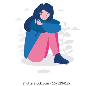 Woman suffering from depression sitting on floor and crying. .Vector illustration for web banner, infographics, mobile. female teen character 