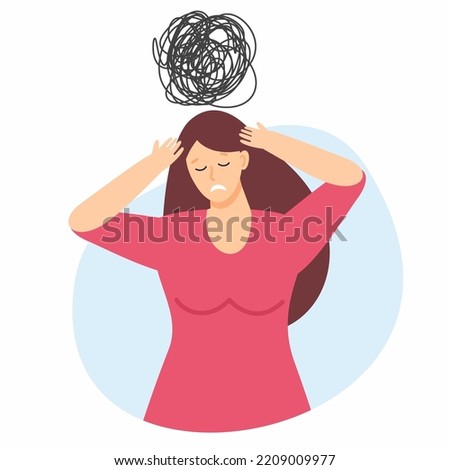 A woman suffering from depression is trying to solve complex problems. Mental disorder, the search for answers, the concept of confusion.	
