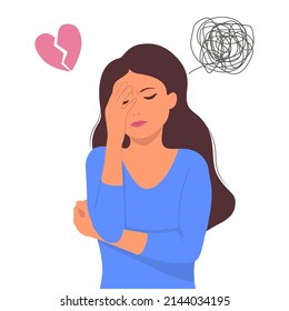 Woman suffering from depression. A young girl suffers from unhappy love.Vector cartoon illustration.