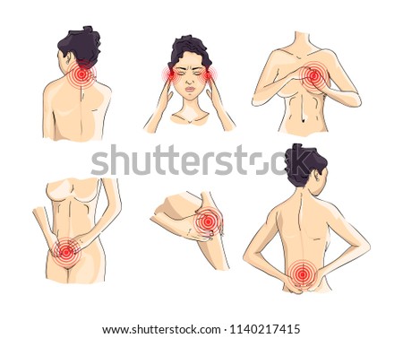 Woman suffering from different types of ache. Headache, abdominal pain and knee injury. Body and health care. Isolated vector illustration