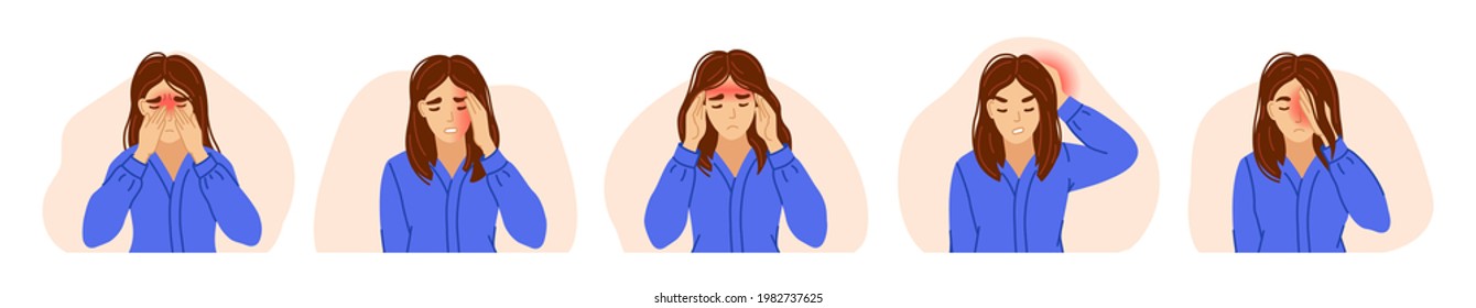 Woman Suffering From Different Types Of Headaches. Sinus, Tension, Hypertension, Migraine, And Cluster Headache. Overwork, Stress. Vector Hand-drawn Characters.