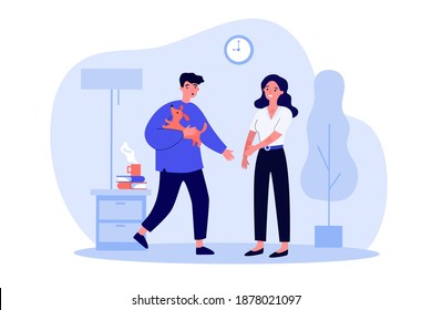 Woman suffering from dog allergy. Boyfriend with pet, rash, itchiness flat vector illustration. Allergen or domestic animal concept for banner, website design or landing web page