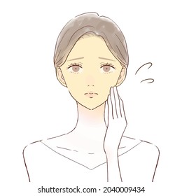 A woman suffering from dull skin. On a white background.
