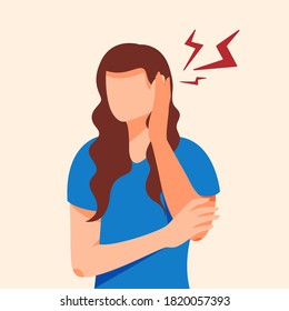 Woman suffering from earache flat cartoon illustration. Medical banner. Hearing problems, vertigo, tinnitus, otitis concept design.