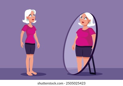 
Woman Suffering from Eating Disorder Looking in the Mirror Vector Illustration. Sad slim woman with body dysmorphic disorder imagining herself in a different light 
