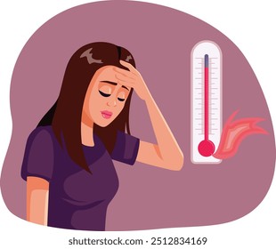 
Mulher sofrendo de ilustração de Extreme Heat Vetor Cartoon. Menina infeliz sentindo tontura de um derrame de calor 
