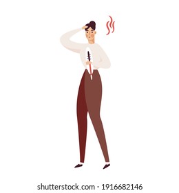 Woman suffering from fever and chills  isolated vector illustration. Flu symptom, virus, bacteria, disease design element. Sick character in cartoon style.
