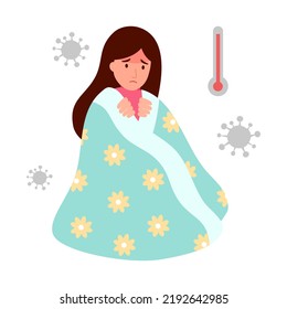Woman suffering from fever under blanket. Flu, cold or Influenza concept vector illustration.