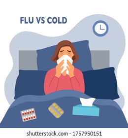 Woman suffering from flu in bed under blanket. She has fever and sneezing in tissue paper or napkin. Flu or cold allergy symptom cartoon. Influenza treatment concept vector illustration.