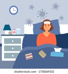 Woman suffering from flu in bed under blanket. She has fever and take thermometer in mouth with tissue paper and medicine on bed.  Flu or cold allergy symptom.  Corona virus influenza infection.