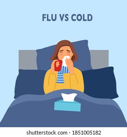 Woman suffering from flu in bed under blanket. Sad girl has fever and sneezing in handkerchief or tissue paper. She drinking warm water. Flu or cold allergy symptom. Influenza treatment.