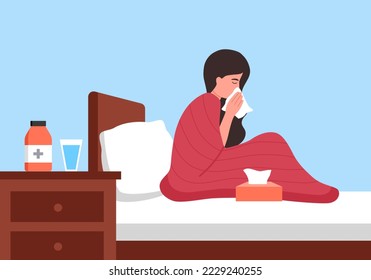 Woman suffering from flu in bed under blanket. She has fever and sneezing in tissue paper or napkin. Flu or cold allergy symptom cartoon. Influenza treatment concept vector illustration.