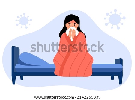 Woman suffering from flu in bed under blanket. She has fever and sneezing in tissue paper or napkin. Flu or cold allergy symptom cartoon. Influenza treatment concept vector illustration.