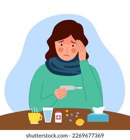 Woman suffering from flu or cold. She has fever and reading thermometer with tissue paper and medicine on table. Flu or cold allergy symptom.