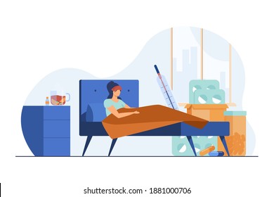 Woman suffering from flu and lying in bed. High body temperature, pills, hot drink flat vector illustration. Catching cold, infection, disease concept for banner, website design or landing web page