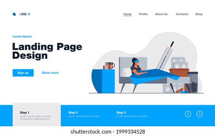 Woman suffering from flu and lying in bed. High body temperature, pills, hot drink flat vector illustration. Catching cold, infection, disease concept for banner, website design or landing web page