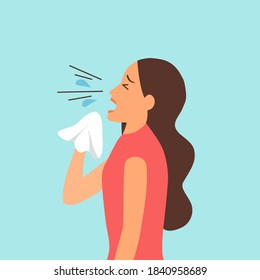 A woman suffering from flu in winter season. Sad female sneezing in handkerchief or tissue paper. Flu or cold allergy symptom cartoon. Influenza treatment. COVID-19 Coronavirus infection.