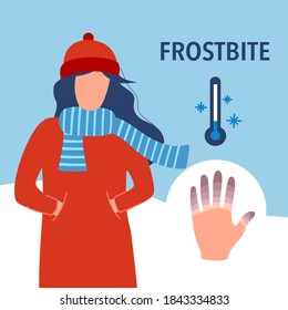 Woman suffering from frostbite. Female with frozen hands in winter standing on snow in flat design.  Healthcare concept.