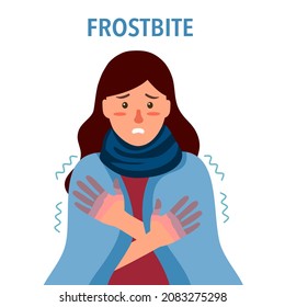 Woman suffering from frostbite. Female with frozen hands in winter season in flat design. Skin burn symptom.