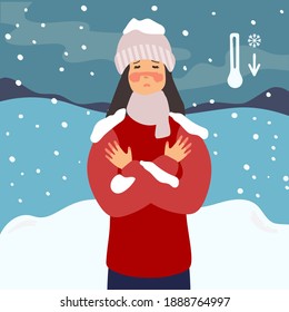 woman suffering from frostbite. Girl with frozen hands in winter standing outside, in the snow. flat design. Healthcare concept