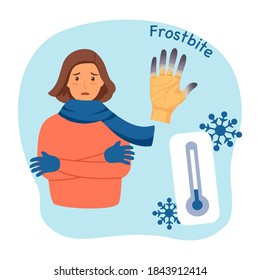 Woman suffering from frostbite symptom. Female with frozen hands in winter with cool temperatures flat design. Healthcare concept.