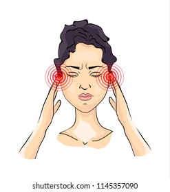 Woman suffering from a great headache. Painful migraine. Girl with closed eyes touching her head. Isolated vector illustration