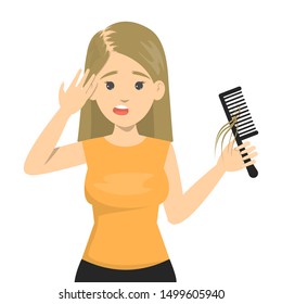 Woman suffering from the hair loss. Bald head, hair on the comb. Alopecia disease, health in danger. Isolated vector illustration in cartoon style